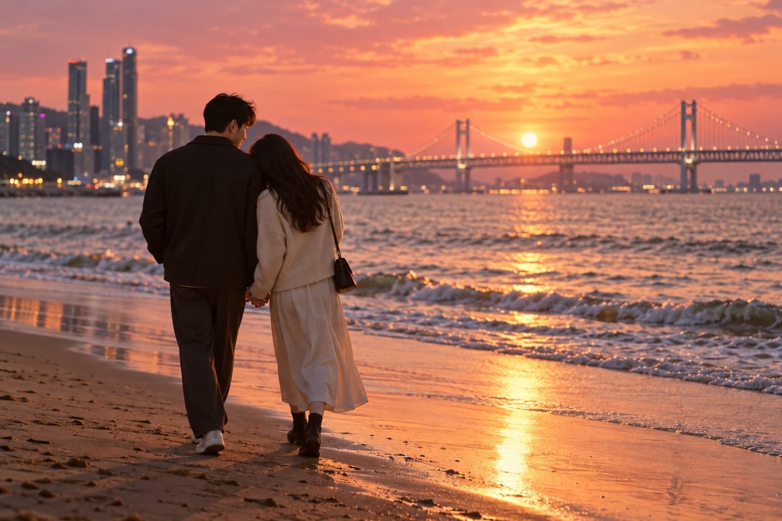 Một cặp đôi người Việt nắm tay đi dạo trên biển Busan lúc hoàng hôn